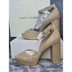 NWB Sun‎ + Stone Reemaa Gold Glitter Platform Block Heel Sandals Womens 11